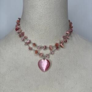 Pink cats eye beaded stone heart pendant necklace Y2K